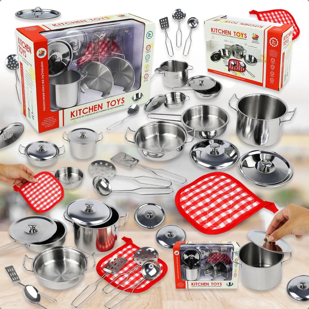 Kit Panelinhas Inox Infantil Brinquedo Educativo e Realista utensílios miniatura