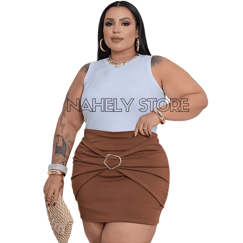 Short Saia Plus Size Feminino Elegante com Fivela Dourada Moda Premium G1 G2 G3 Cintura Alta Luxo!
