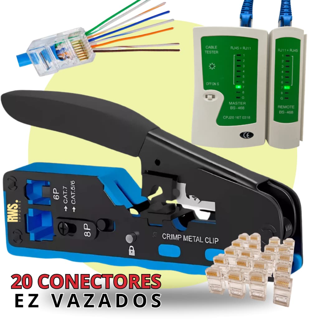 Kit Alicate Crimpar Rj45 Vazado Rj11 Cat5 Cat6 Cat7 + 20 Rj45 Ez + Testador de Cabos de Rede
