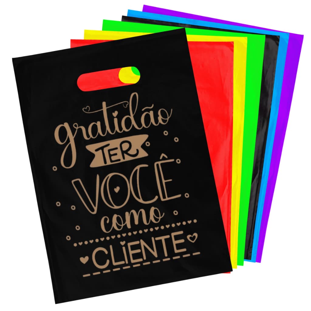 Kit 200 Sacolas Plásticas 30x40 Estampada Personalizada Gratidão Alça Vazada