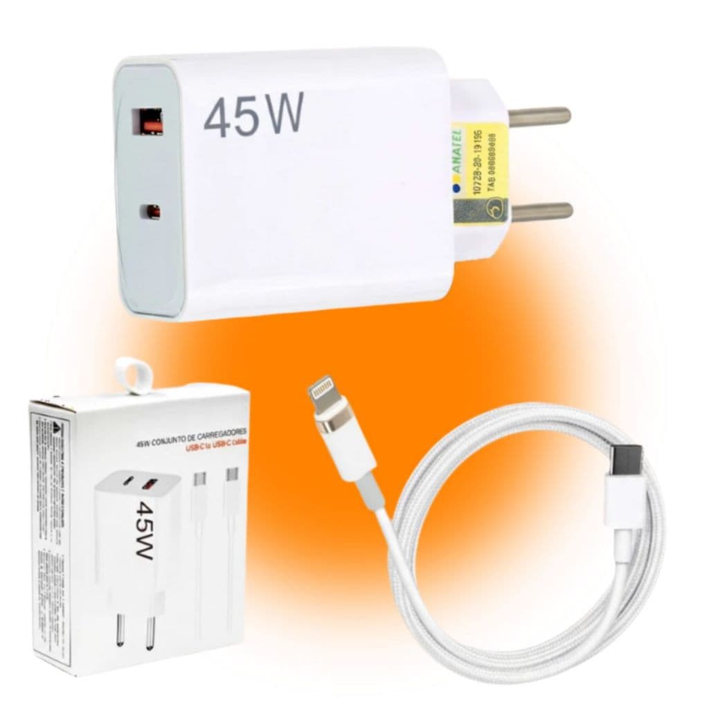 Carregador Super Rápido Turbo Para Iphone 45w Fonte Tipo C Lightning com Cabo 2 Entradas USB