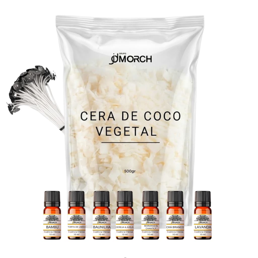 Kit Cera Vegetal Coco 1kg Essência De 10ml 35 Pavios Kit Para Fazer Velas