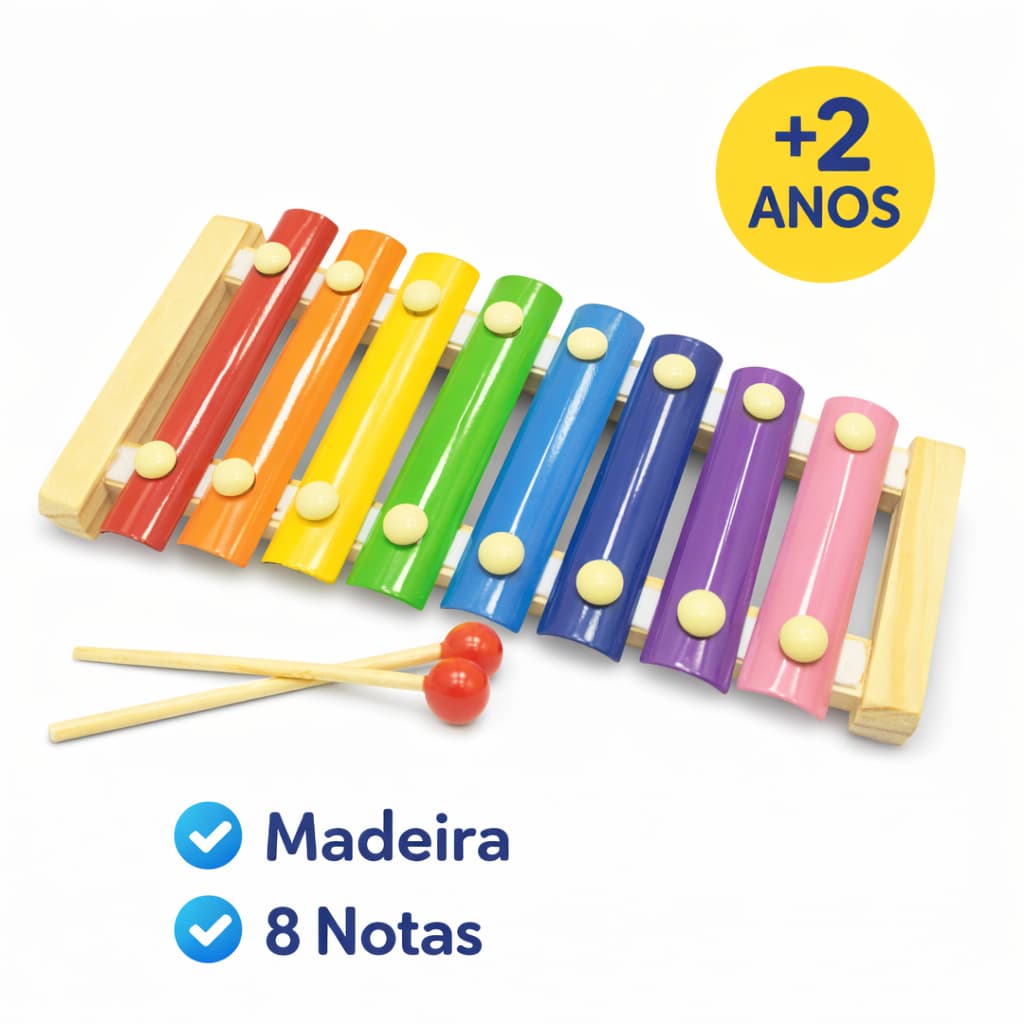 Xilofone Educativo 8 Notas Madeira Teclado Musical Didático Coordenação Baqueta