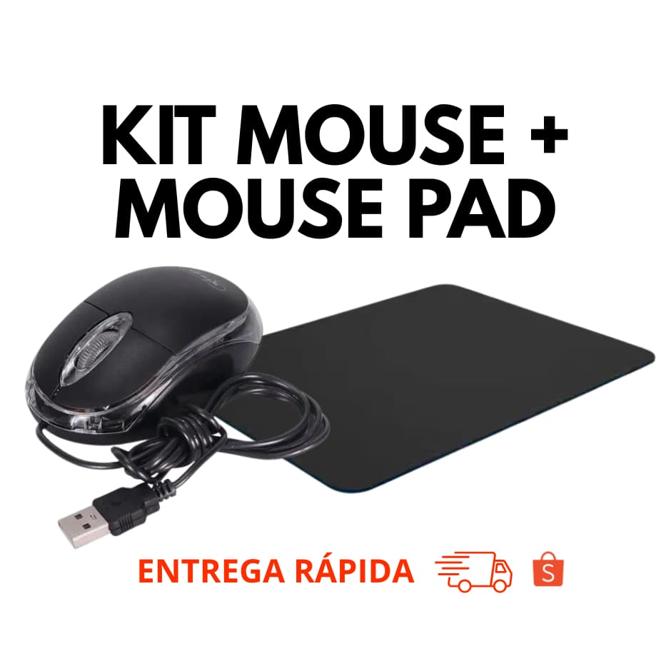 Kit Mouse + Mouse Pad - Home Office e Jogos - Mouse c/ Fio - Mouse pad Preto