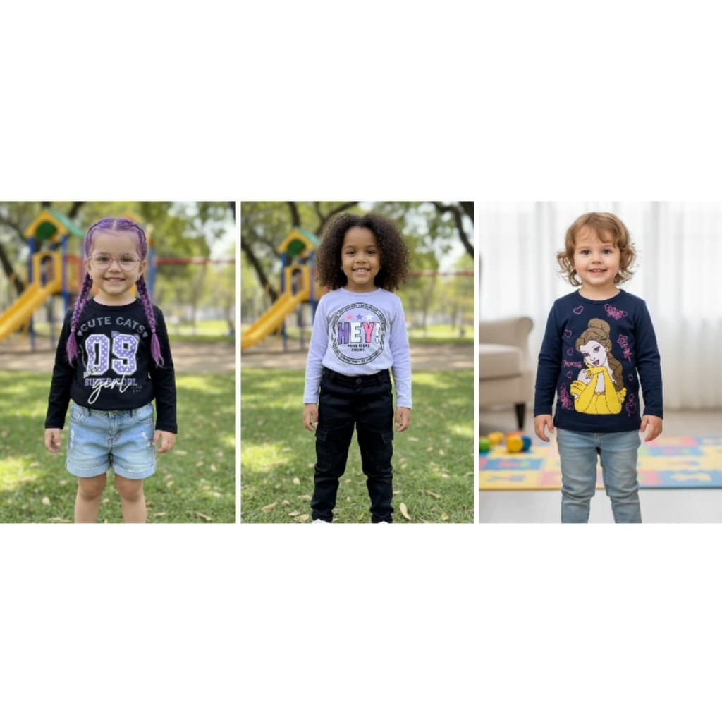 Kit 3 Blusa Manga Longa Menina Cores e Estampas Sortidas 01 ao 03 Algodão