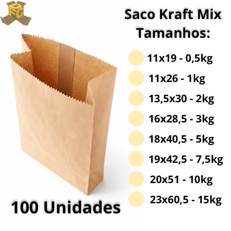 Sacos de Pão Kraft | Mix Papel de Pardo Fosco com 100 Unidades