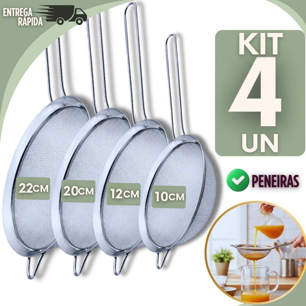 Kit 4 Peneiras Aço Inox 10cm 12cm 20cm 22cm – Cozinha Multiuso de aço inox em tamanhos diferentes.