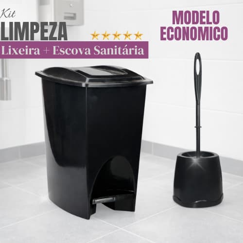 Lixeira Banheiro –KIT Lixeira Retangular Preta 7L com Pedal + Escova Sanitária