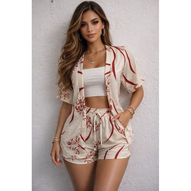 Conjunto kimono + Short  Com Bolso Tecido Duna Estampado Verão 2026Praia