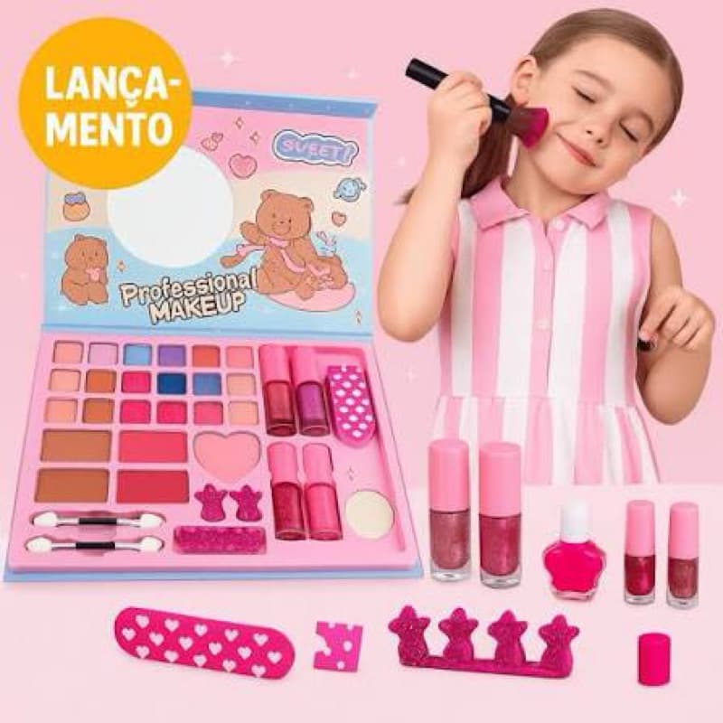 Kit Maquiagem Infantil Completo Maleta Menina com Sombras Batom Gloss Espelho Brinquedo Lavável Presente