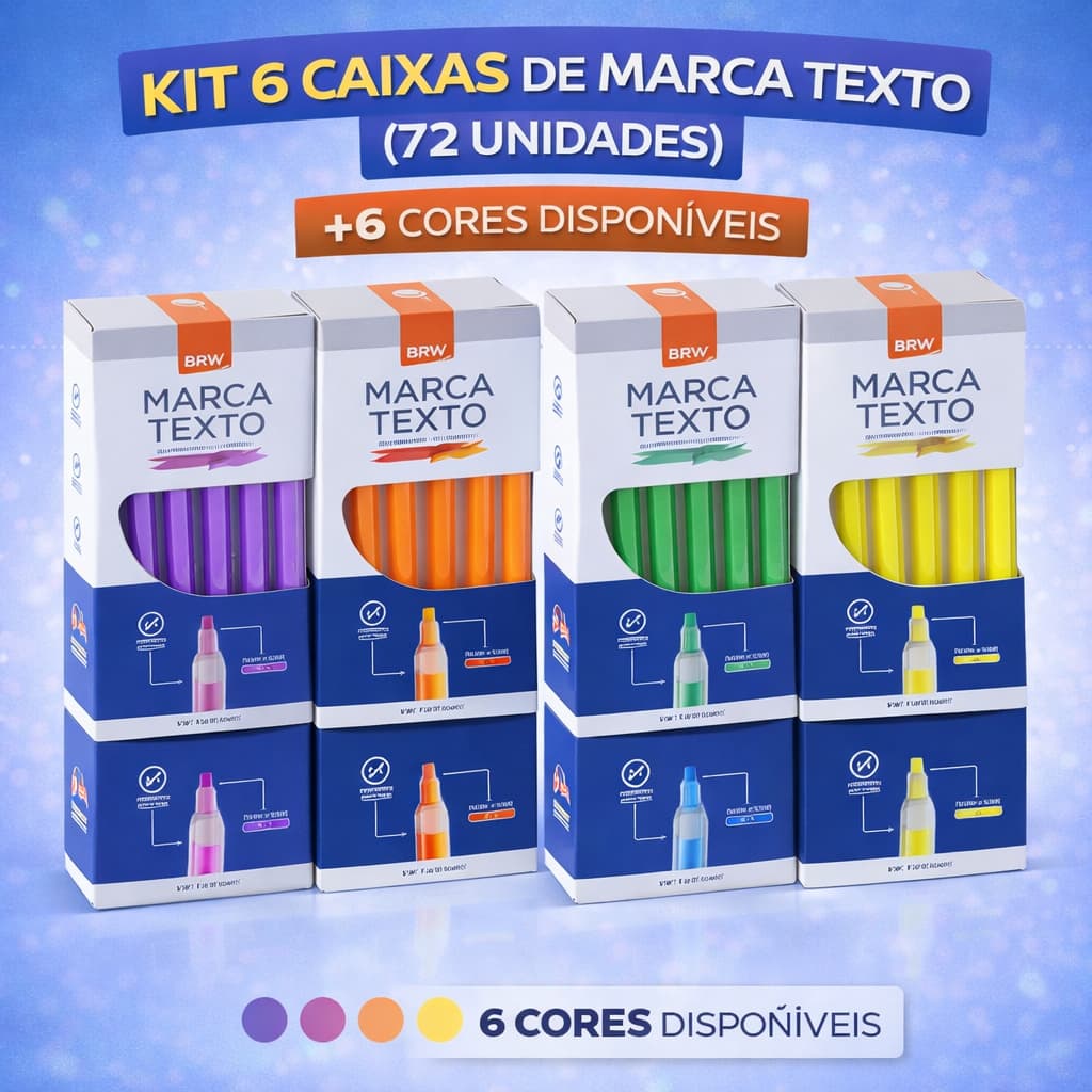 Kit 6 Caixas Marca Texto Fluorescente BRW 72 Unidades 6 Cores Ponta 1-4mm