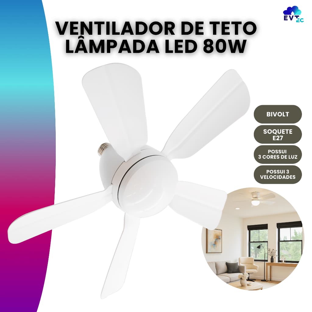 Ventilador de Teto Lâmpada Soquete E27 Com Luz Led Ajustável Bivolt VT02 Verão