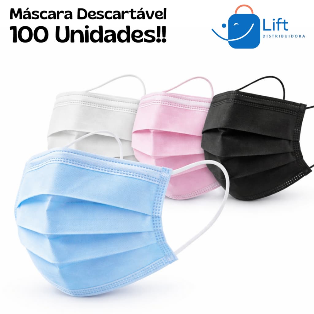 Kit 100 Und Máscara Descartável Tripla Camada Com Clipe Nasal Adulto (rosa, branca, preta e azul)