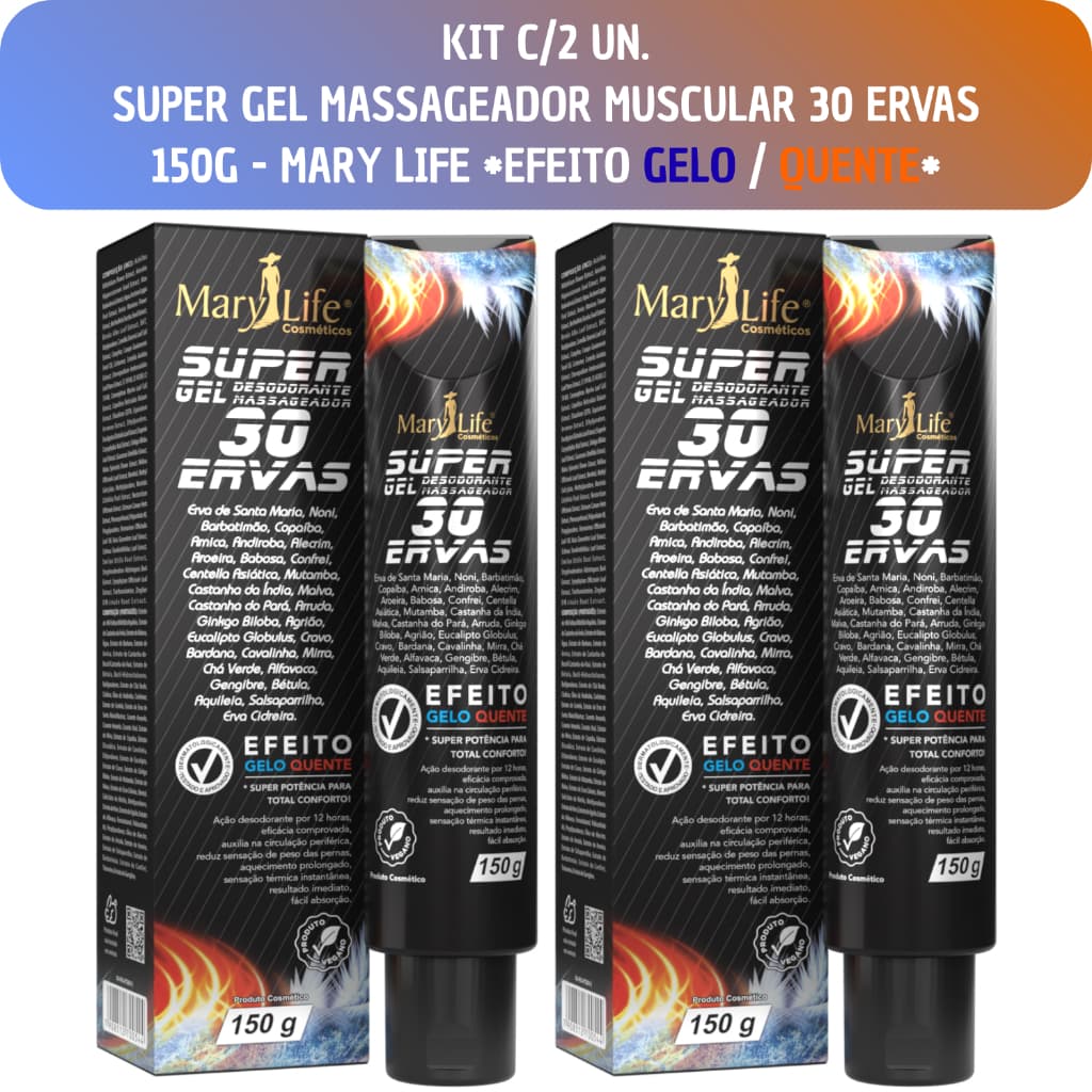 Kit C/2 Un. Super Gel 30 Ervas Massageador Corporal Alívio Nas Dores Cólicas Efeito Gelo/Quente 150g