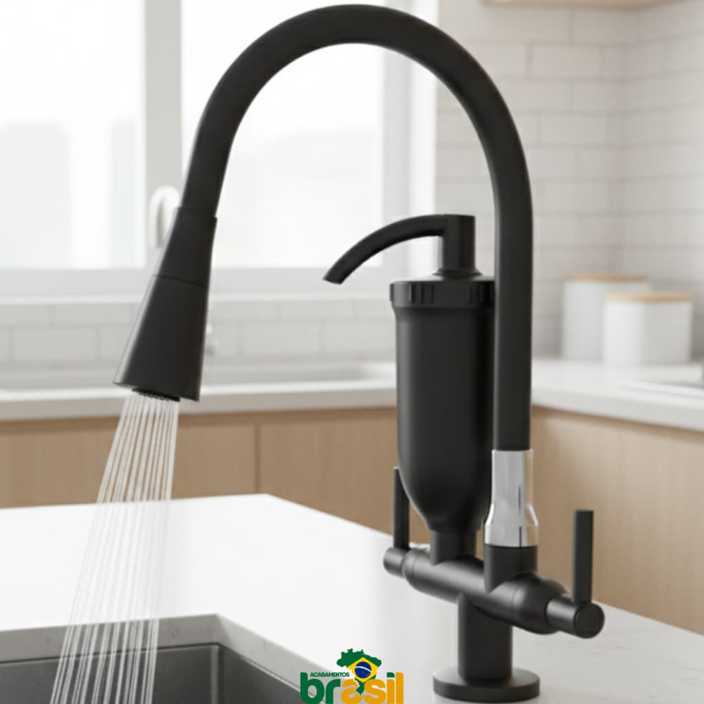 Torneira Filtro para Cozinha Preta Bica Flexível 2 Jatos Carvão Ativado 1/4 de Volta pia bancada