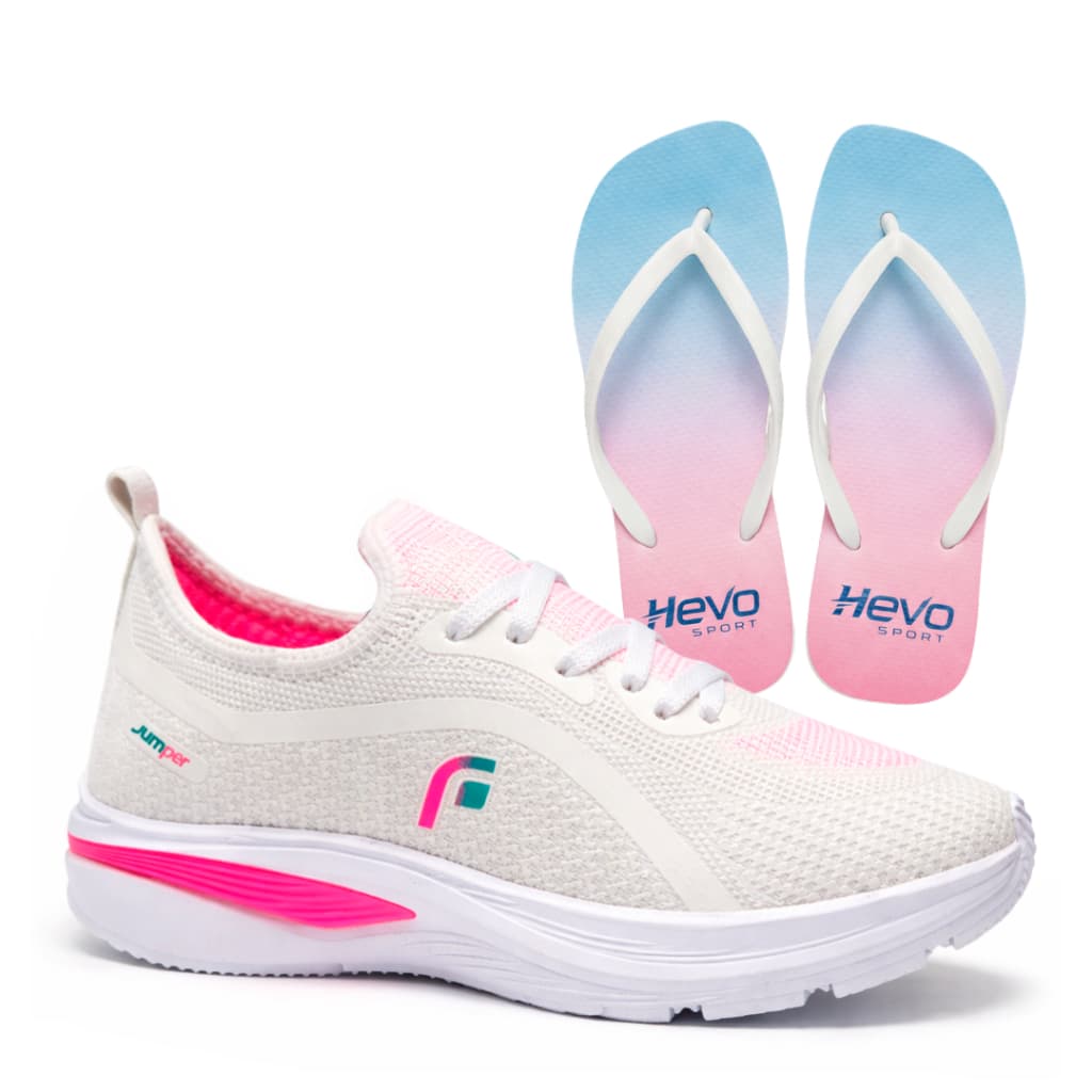 Tênis Branco Feminino Jumper Para Caminhada Academia Treino mais chinelo hevo sport sandalia