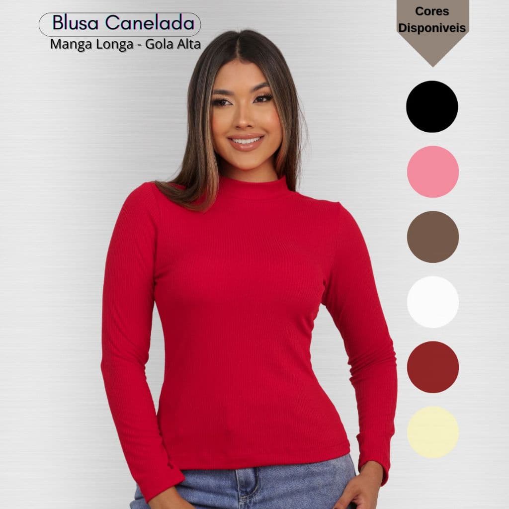 Blusa Feminina Ribana Canelada Gola Alta Manga Longa Cacharrel Segunda Pele Básica Moda Outuno Inverno