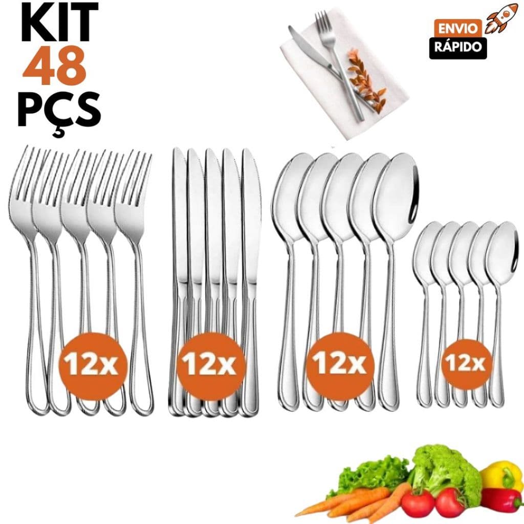 Jogo de Talheres 48 ou 24 Peças Aço Inox Garfos Colheres Facas Colheres Sobremesa Linha Premium