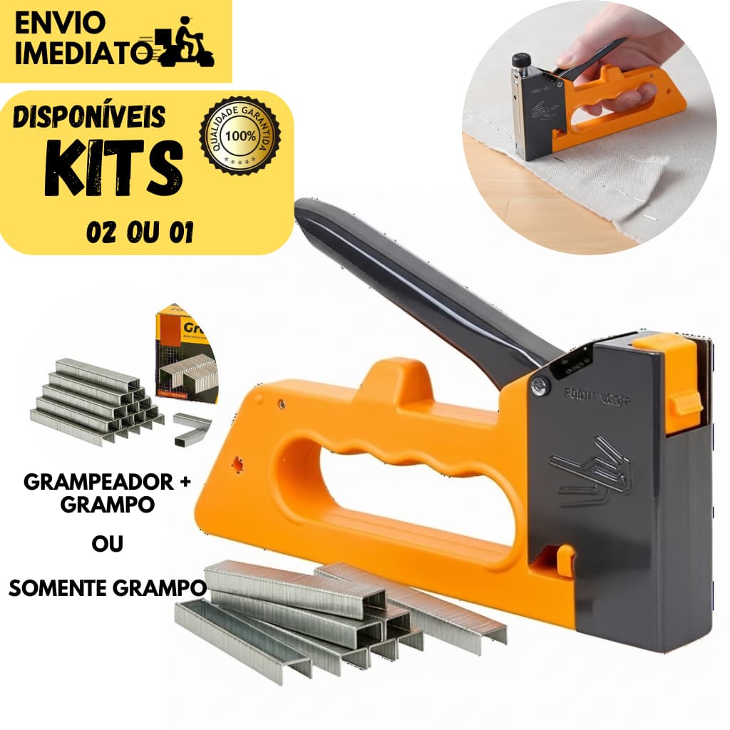 Kits 2 ou 1 Grampeador Profissional Tapeceiro 1000 Grampos Estofado Madeira Couro ou Somente Grampo