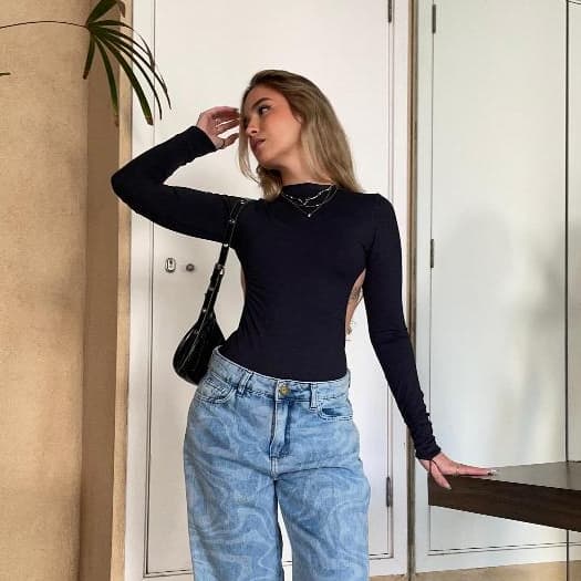 Body Feminino Manga Longa Costa Nua Recorte Dedal Suplex Premium Moda Gringa Blogueira