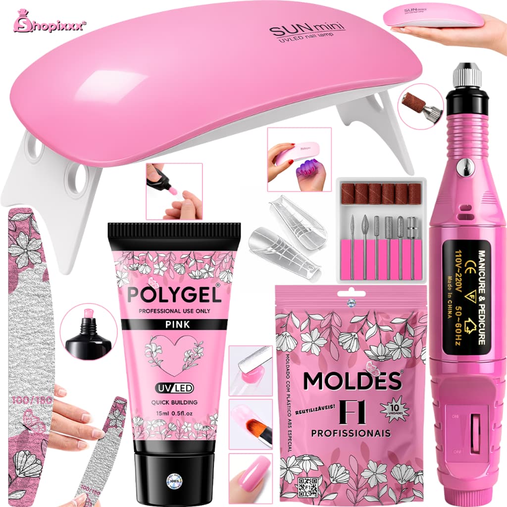 Kit Alongamento Poligel Polygel + Lixadeira Caneta + Molde F1 + Lixa + Cabine De Unha Poly Gel