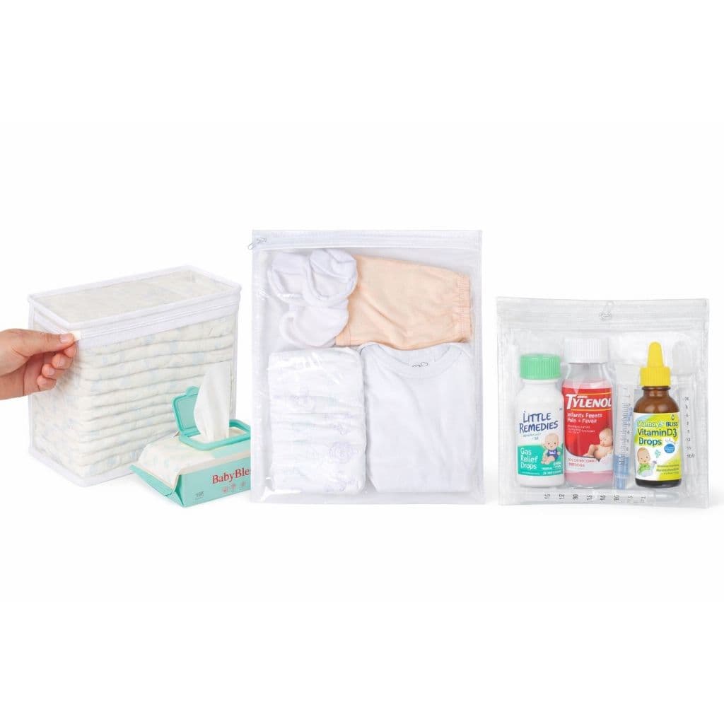 Kit 7 Peças Maternidade – 5 Saquinhos Organizadores + 2 Porta Fralda Remédio Necessaire