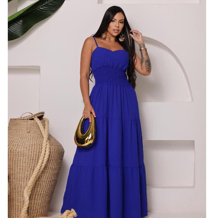 vestido longo elegante tres maria com elastano na cintura e alça regulável e detalhe na frente