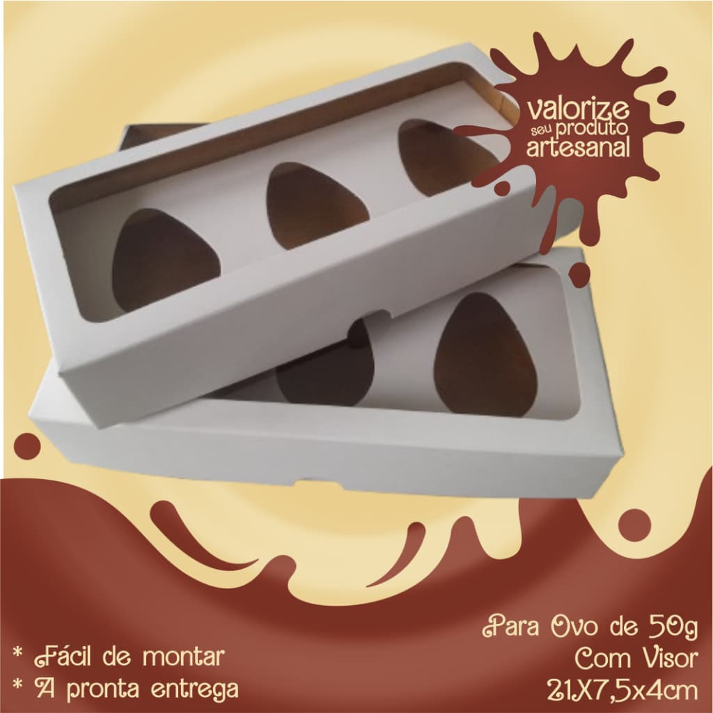 Caixinha com visor de acetato para três ovos de 50g + berço para ovos Páscoa, embalagem para confeitaria