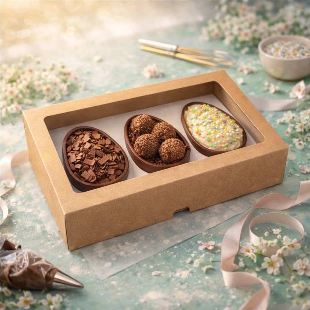 Caixinha com visor de acetato para três ovos de 50g + berço para ovos Páscoa, embalagem para confeitaria kraft