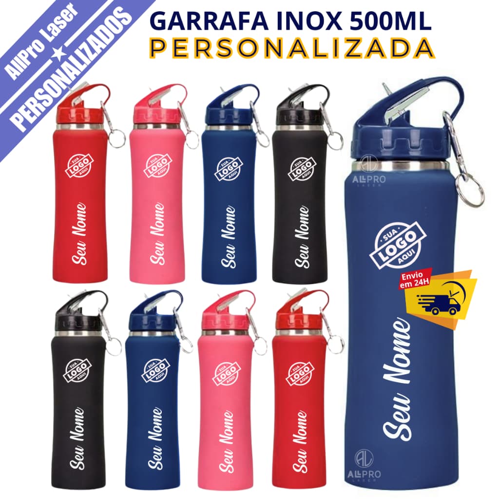 Garrafa Térmica Inox 500ml Emborrachada Personalizada Nome Desenho Logos