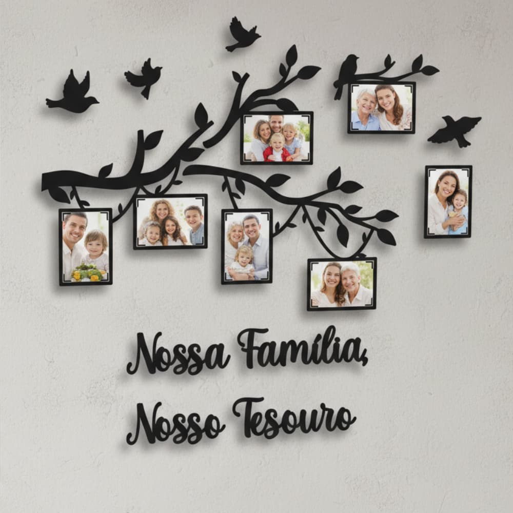 Quadro Decorativo Árvore da Família MDF com Molduras para Fotos Nossa Família Nosso Tesouro