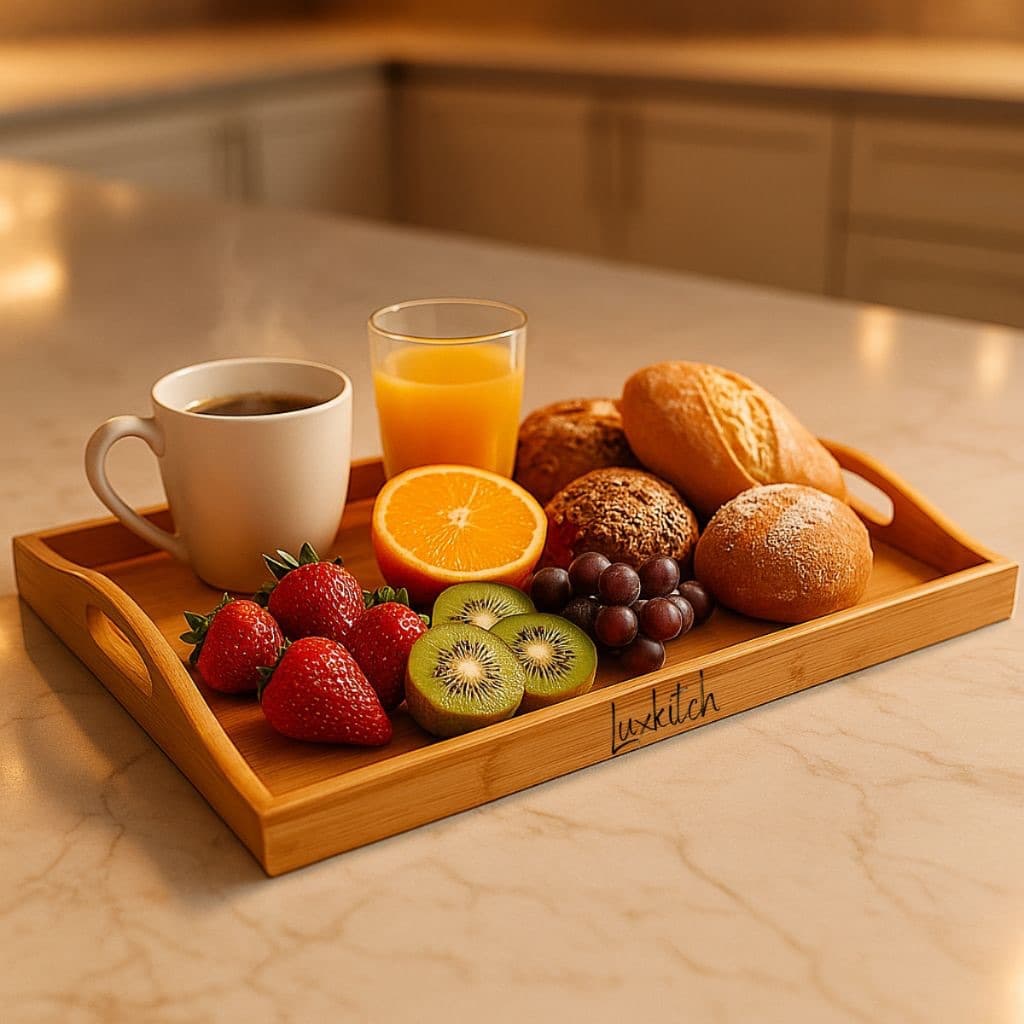 Bandeja Café Da Manha Em Bambu Retangular Com Alça Laterais Multiuso Cantinho Do Café Decoração