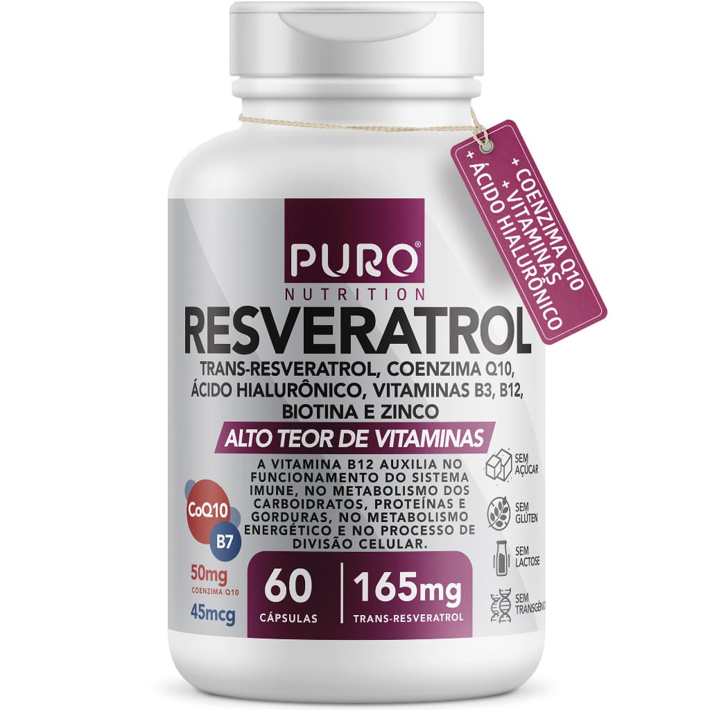 Resveratrol Trans 165 mg Puro Nutrition + COQ10, Ácido Hialurônico, Vits B3 e B12, Biotina e Zinco