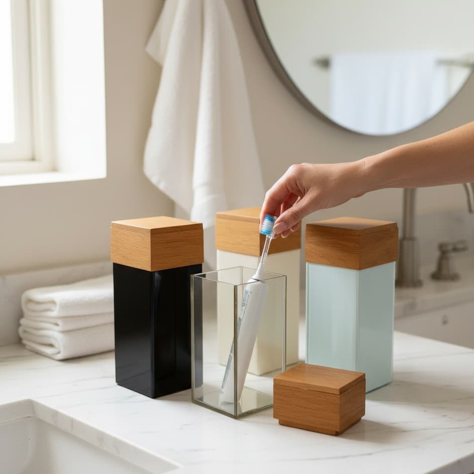 Porta Escova de Dente Organizador Com Tampa Divisoria Vidro Madeira Nobre Banheiro Higiene Lavabo