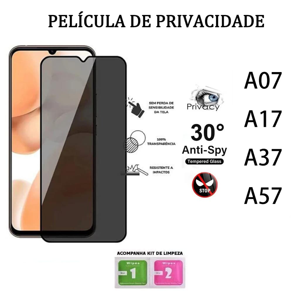 Película De Privacidade 3D Vidro Temperado Anti-Spy  Compatível Samsung A07 A17 A37 A57
