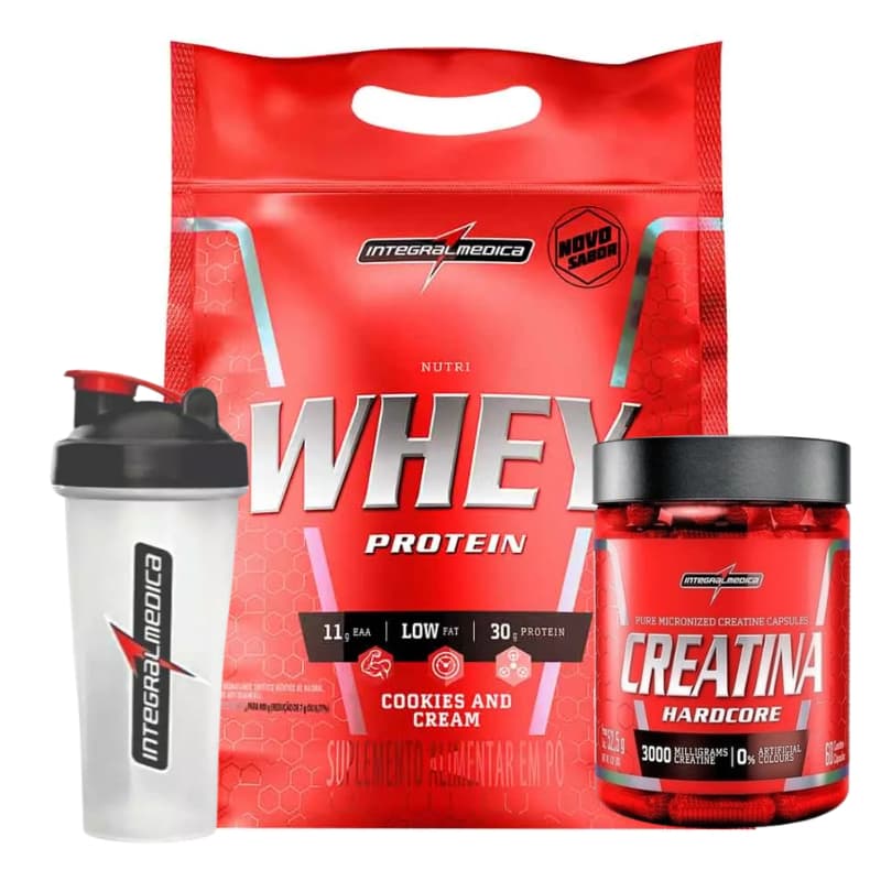 Kit Nutri Whey 900g + Creatina 60 cápsulas + Coqueteleira 700ml - Integralmedica
