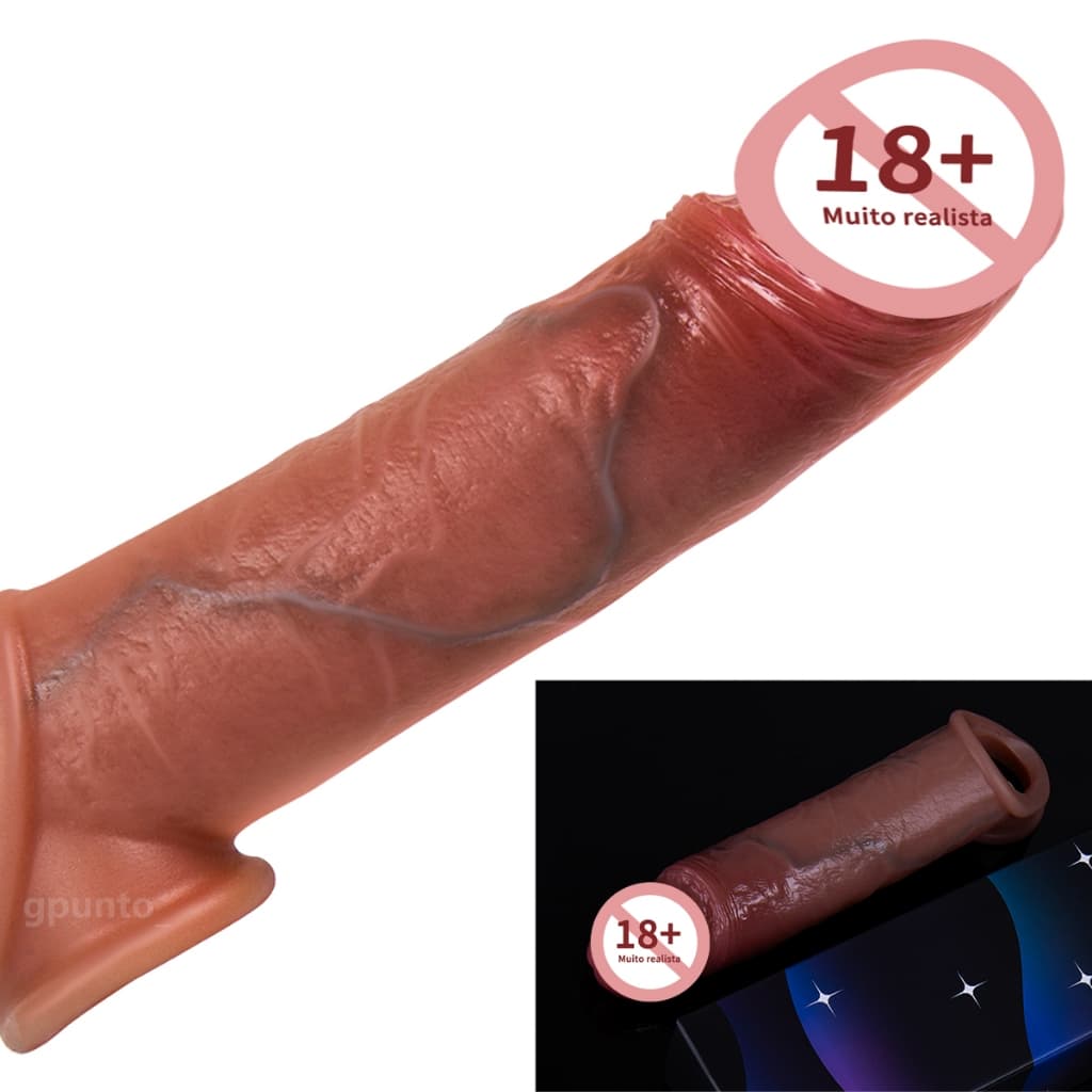 Capa Peniana Extensora Realista 16X4cm Aumenta e Engrossa Pênis Com Glande, Veias e Abertura para os Testículos