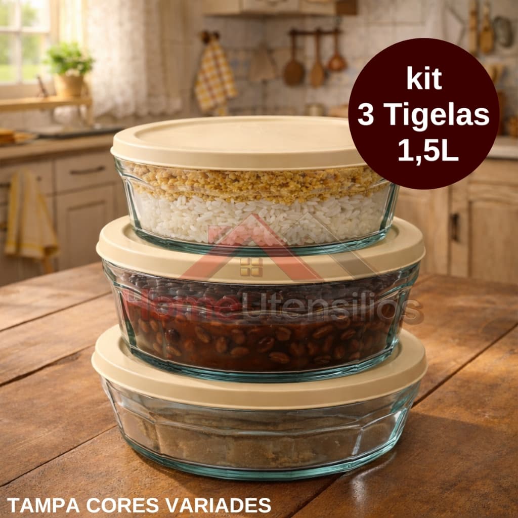 Kit 3 Potes Tigela De Vidro Saladeira Com Tampa Plastica 1,5 Litros 20CM