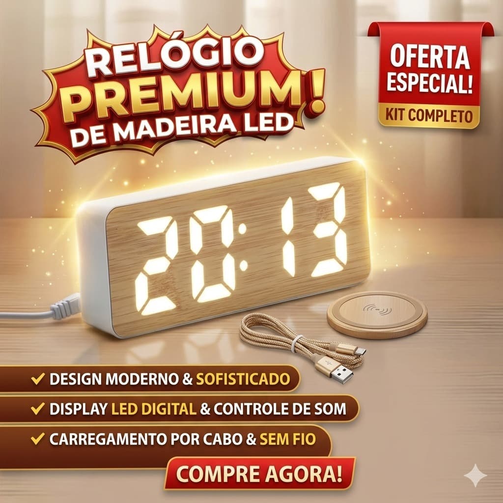 Kit com 2 Relógios Despertador Digital de Madeira LED - Silencioso e Multifuncional
