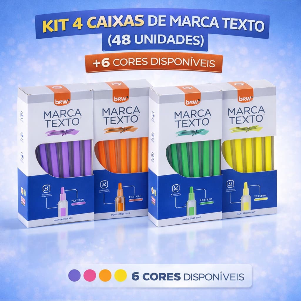 Kit 4 Caixas Marca Texto Fluorescente BRW 48 Unidades Ponta 1-4mm Cores Sortidas