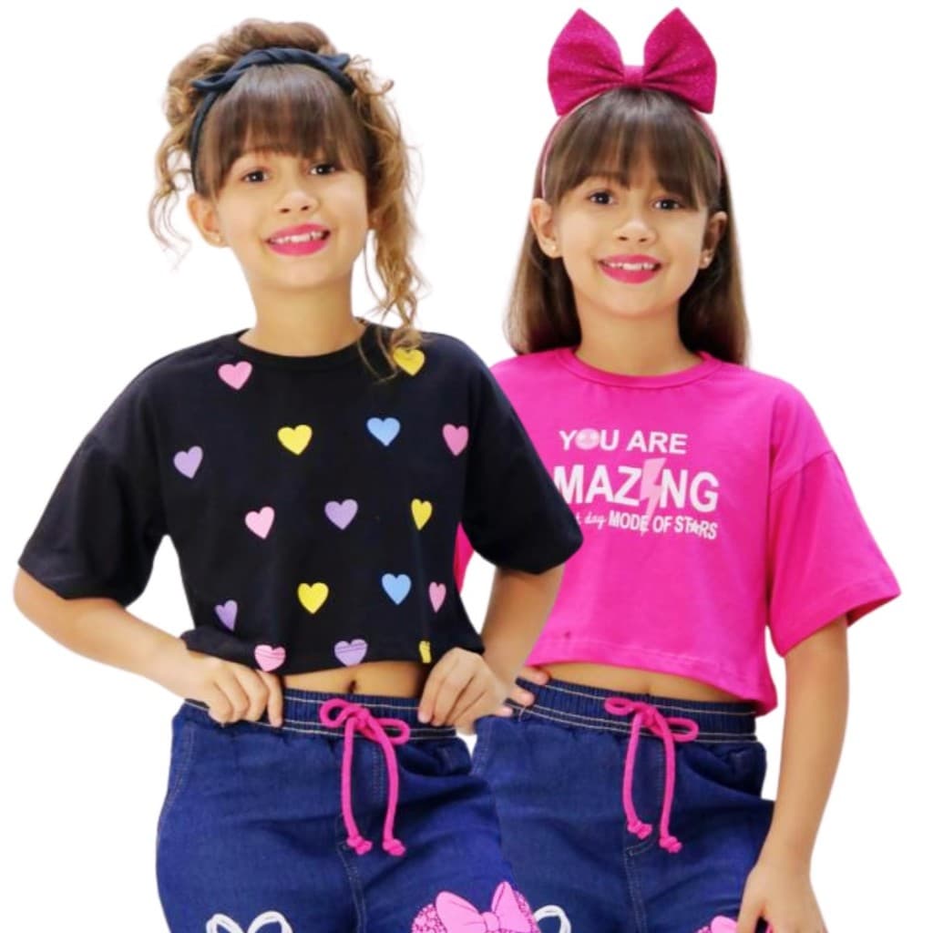 Blusa Infantil Feminina Cropped Colorida Estampada  Moda Menina Blogueirinha Estilosa