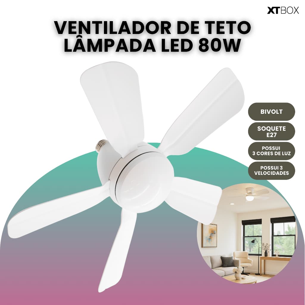 Ventilador de Teto Ajustável Lâmpada E27 Com Led Bivolt VT02