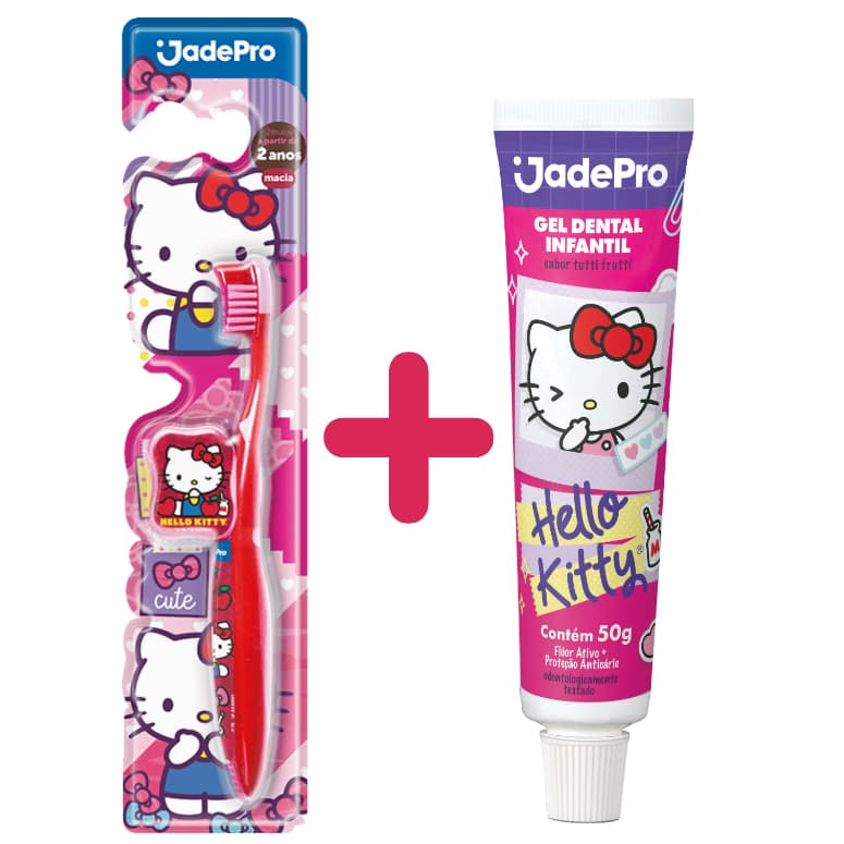 Kit Higiene Bucal Infantil Hello Kitty: Escova Dental com Capa Protetora + Gel Dental 50g Tuti Fruti