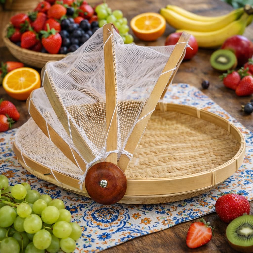 Cesto Para Pães e Bolo com Protetor de Moscas Retrátil 30 x 30 de Bambu Porta Pão Frutas e Bolos