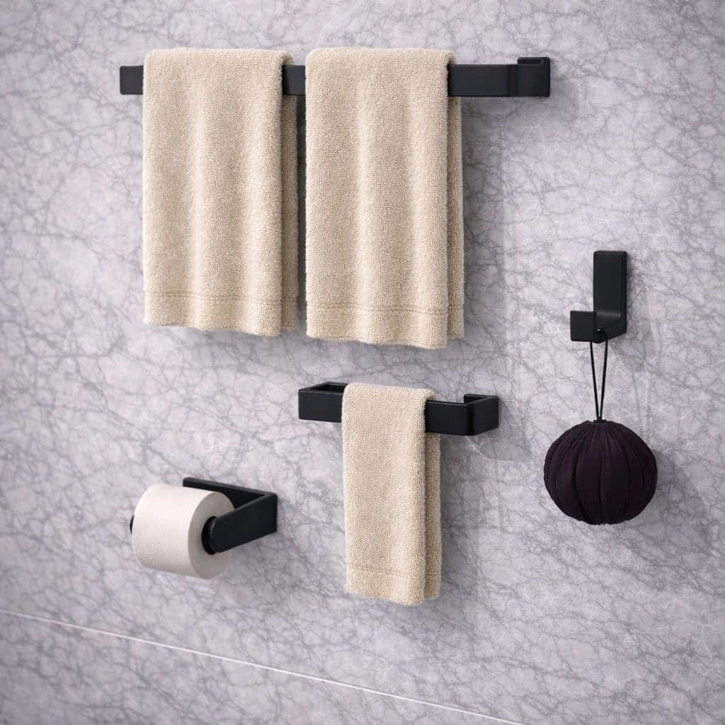 Kit Acessórios Para Banheiro Preto Fosco 4 Suportes Toalha Rosto e Banho, Papel Higienico,  Gancho, MAX Moderno