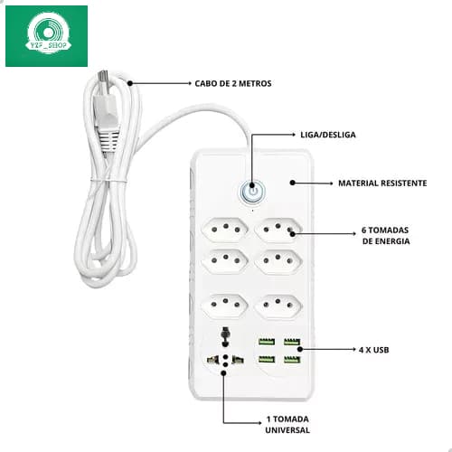 Régua Filtro de Linha com 7 Tomadas Extensão Elétrica 1 Universal 4 USB Bivolt 10A Cabo de 2 Metros