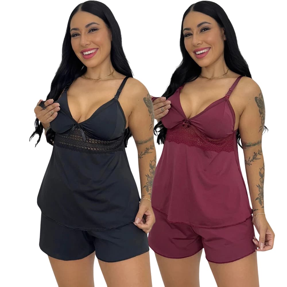 Baby Doll Amamentação Com Click Abre Fácil Gestante Pós Parto Pijama Para Amamentar Com Renda