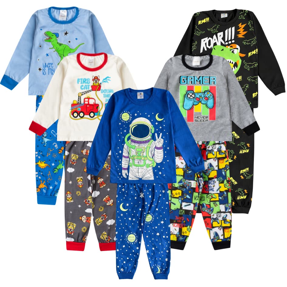 Kit 4 peças Pijama infantil 2 calças + 2 blusas menino inverno masculino bebê roupa de dormir