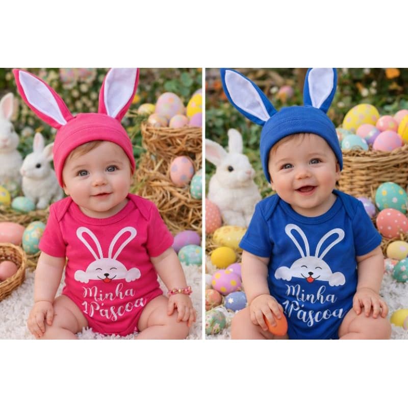 Body Bebê + Touca Páscoa Temático Coelho Mesversário