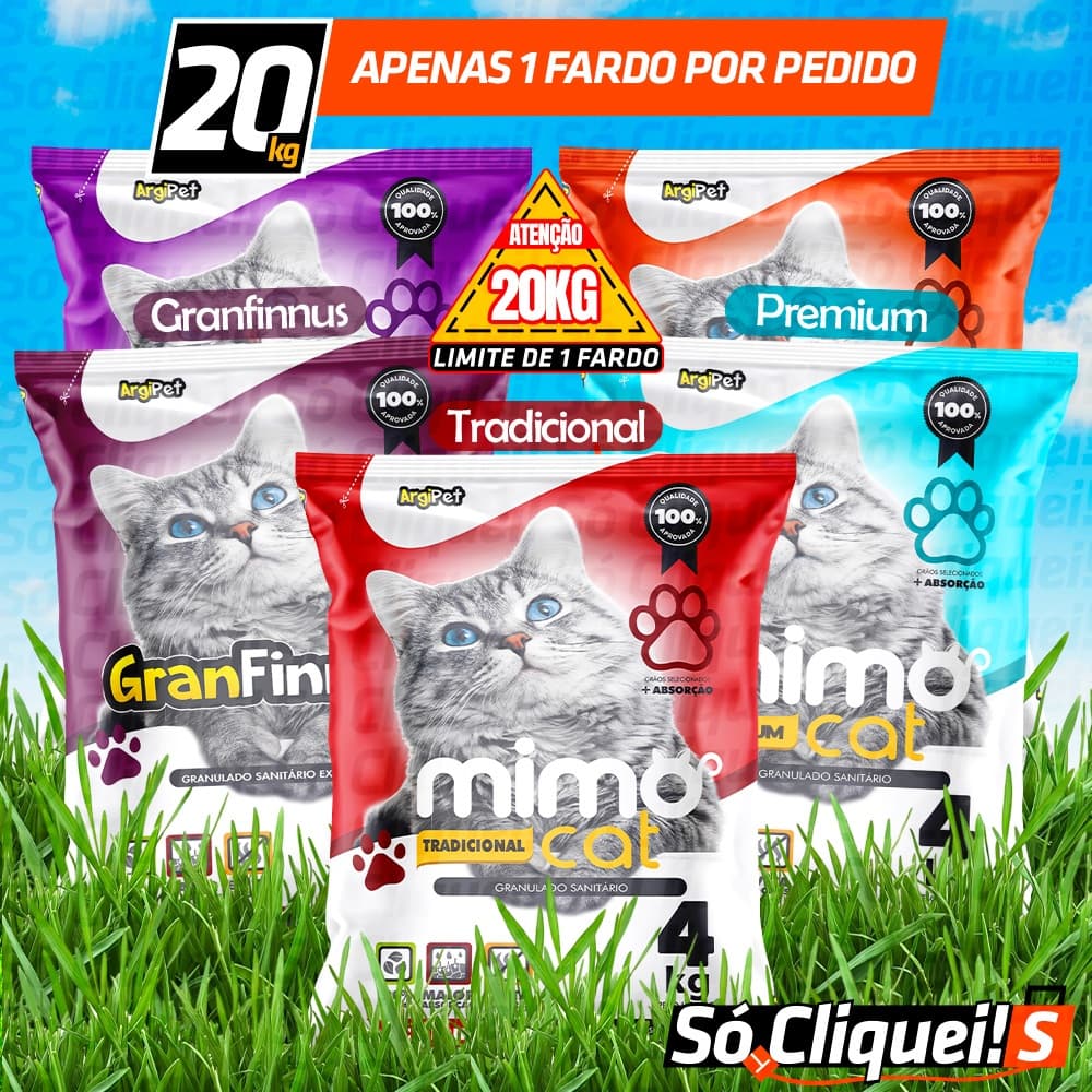 Kit Fardo 5 Pacotes Areia Granulado Sanitário Extra Fina Perfumado Forma Torrões Absorção Antiodor Mimo Cat Argipet 20KG
